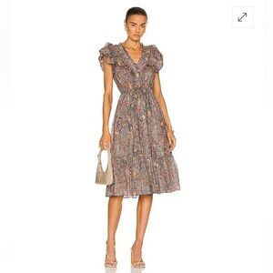 Ulla Johnson Navy and Rust Floral Ruffle Midi Dress